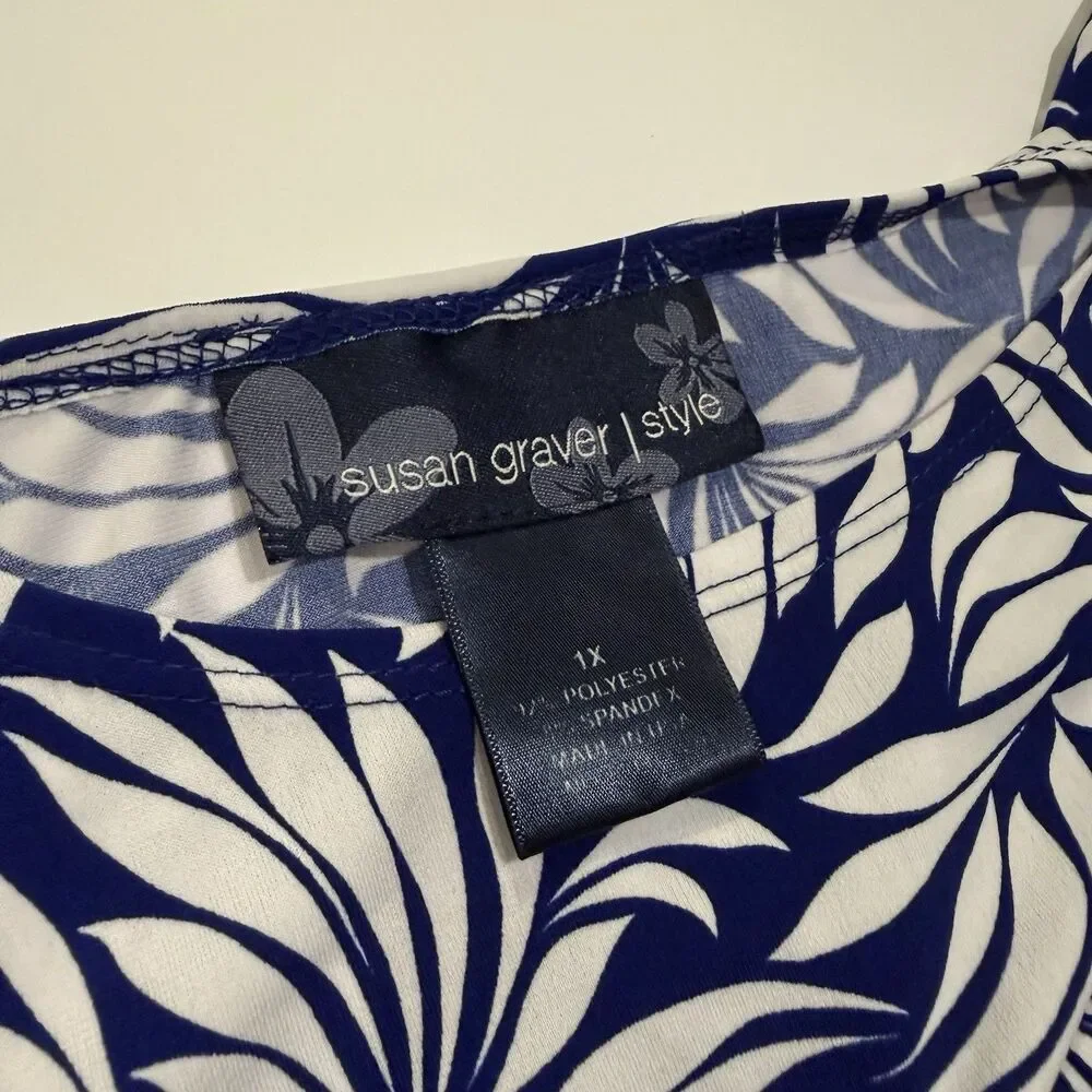 Susan Graver Blue White Tropical Palm Leaf Print Sleeveless Midi Dress 1X - Picture 3 of 7